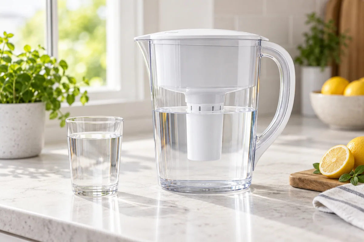 Clear countertop water filter pitcher and drinking glass