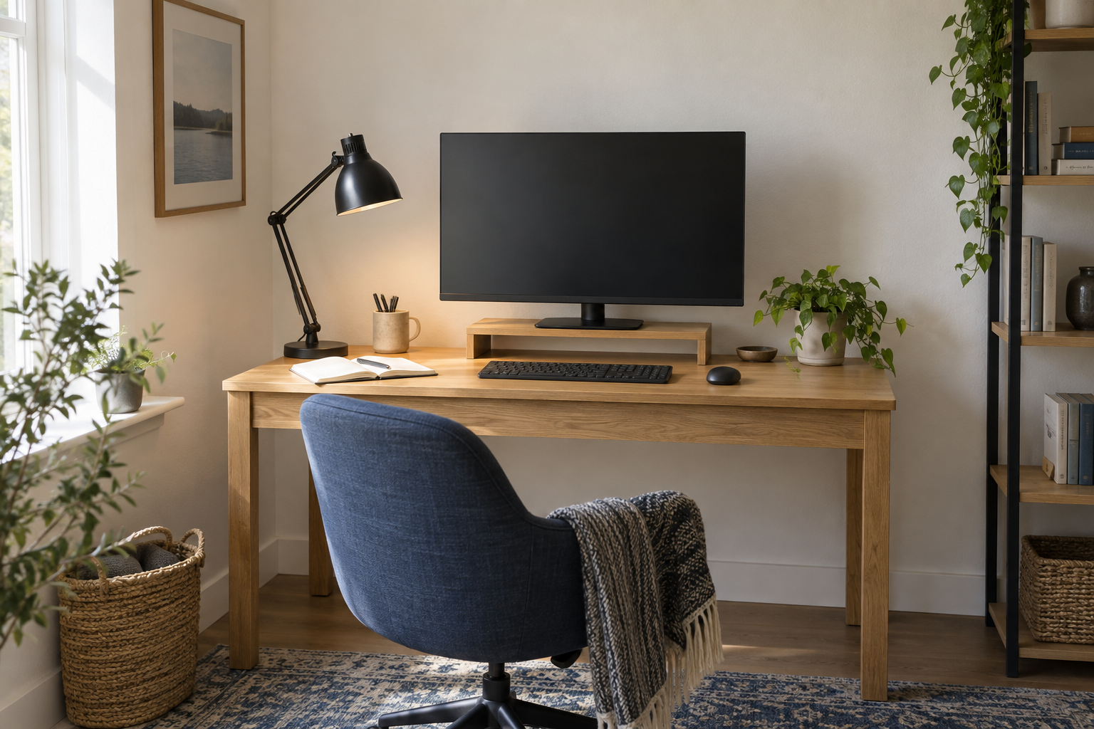 A compact oak desk with a centered monitor, keyboard, notebook and adjustable task light