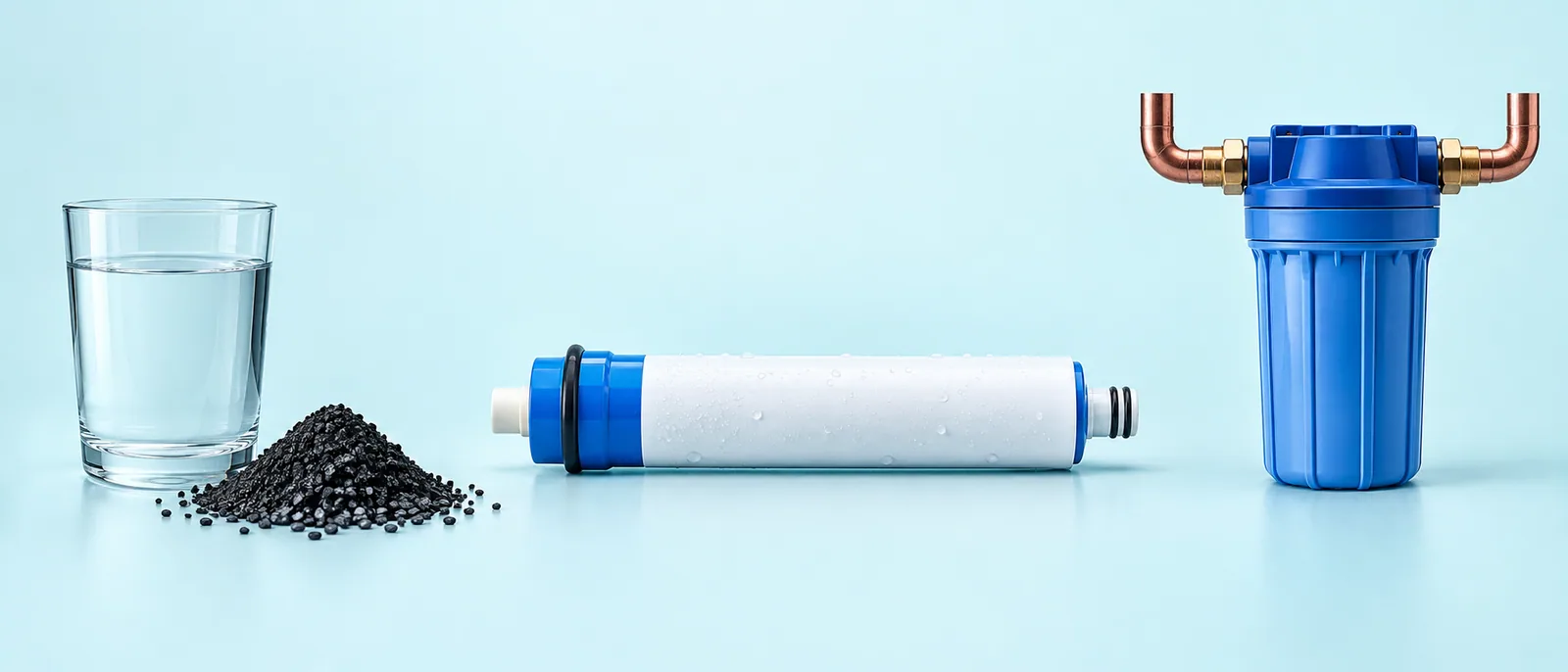 A glass beside activated carbon, a reverse-osmosis membrane, and a whole-house filter housing