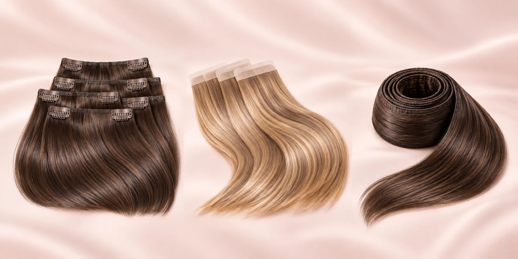 Clip-in, tape-in, and weft human-hair extensions displayed side by side