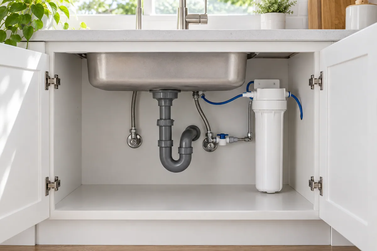 Compact water filter installed beneath a kitchen sink